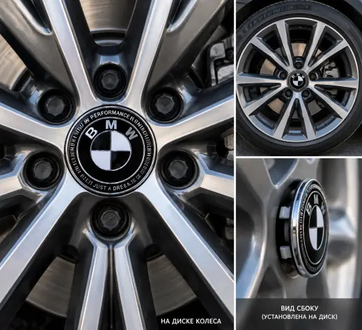 Колпачки на диски BMW (68/65 мм) черно-белые, лапки 6 мм (комплект 4 шт)