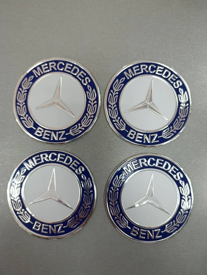 3D Наклейка алюмінієва на ковпаки MERCEDES синя з колосками (діам. 90 мм) комплект 4 шт.