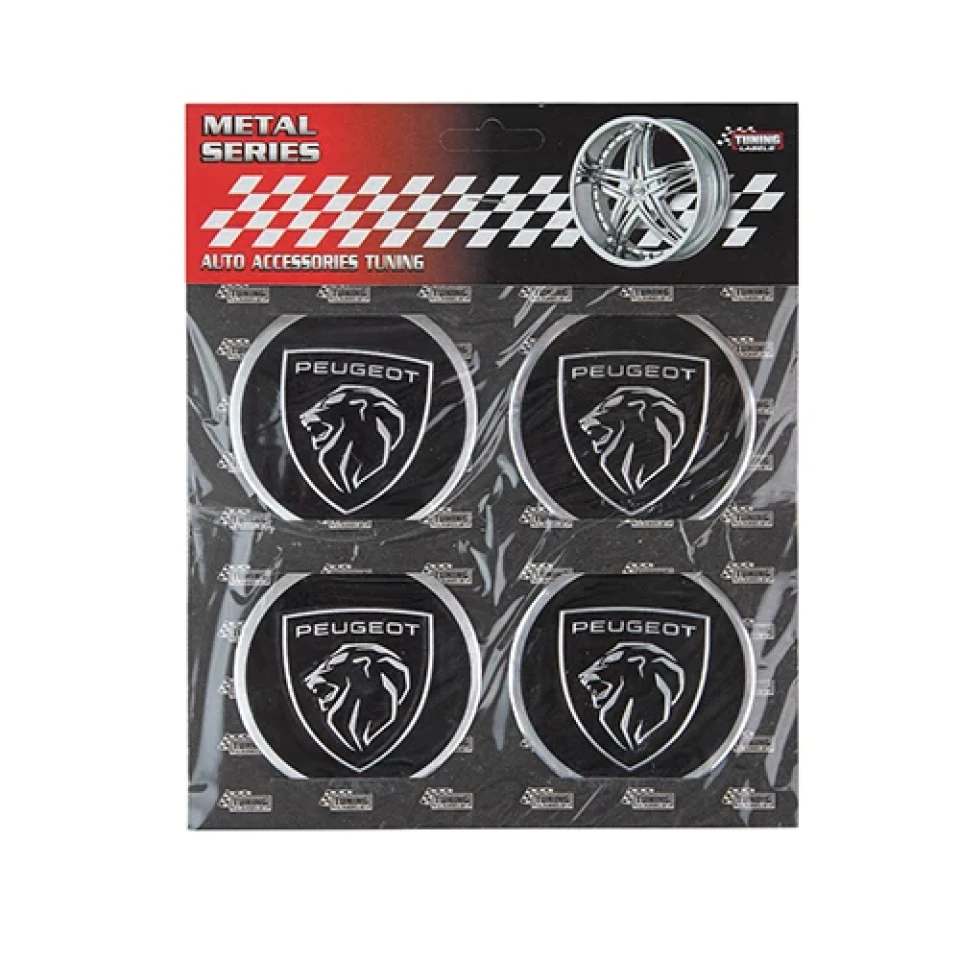 3D Наклейка алюмінієва на ковпаки PEUGEOT чорна (діам. 60 мм) комплект 4 шт